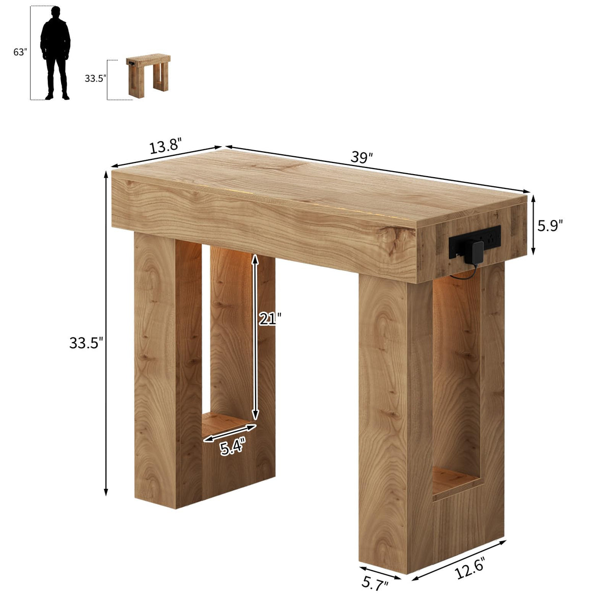 39" Entry Table with Sensor Light & AC Outlets with USB (Natural Oak / 39IN)