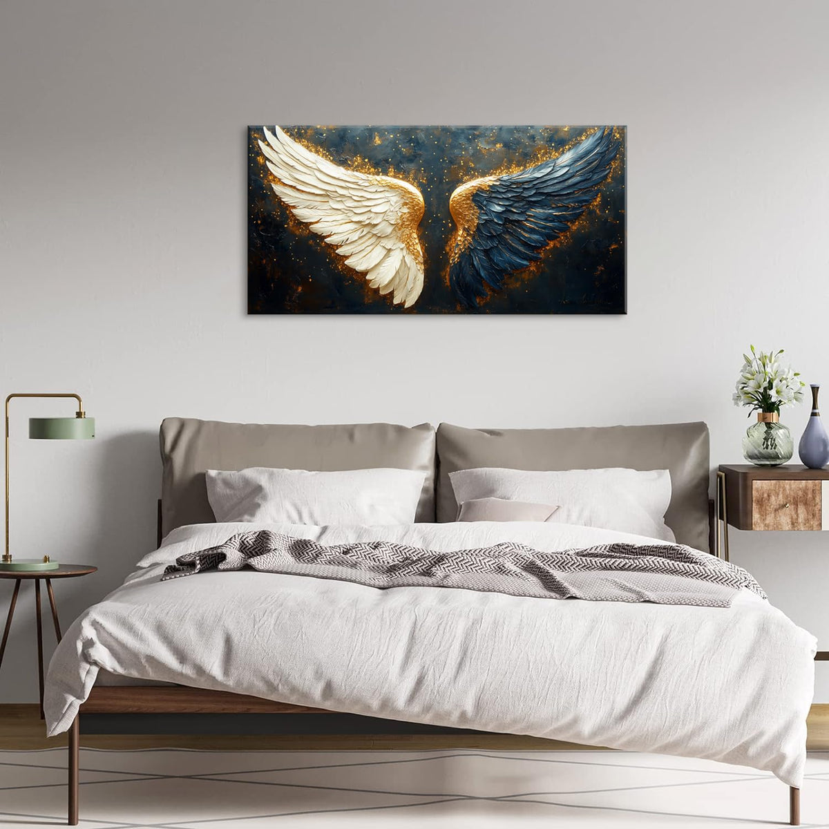 Multicolor Angel Wings Wall Art for Living Room Office Spiritual Symbolism Abstract Expressionism Painting Prints Modern Canvas Artwork Dining Bedroom Decor (Abstract / White Blue Gold Angel Wings Wall Art / 40"L x 20"W)