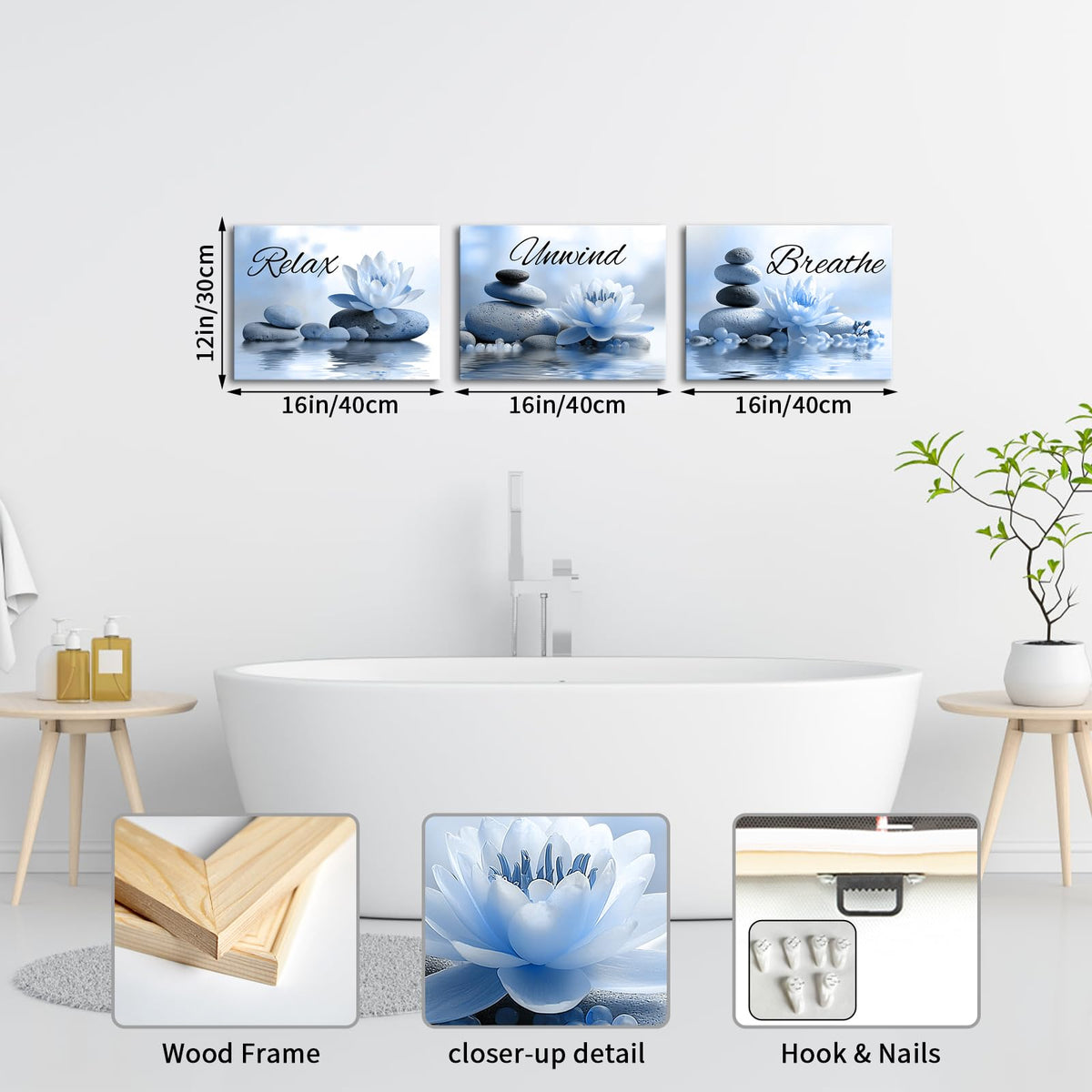 Zen Bathroom Wall Art Blue and White Lotus Flower Pictures Relax Breathe Unwind Bathroom Decor Spa Meditation Room Decorations 12x16 inches each Framed (Blue)