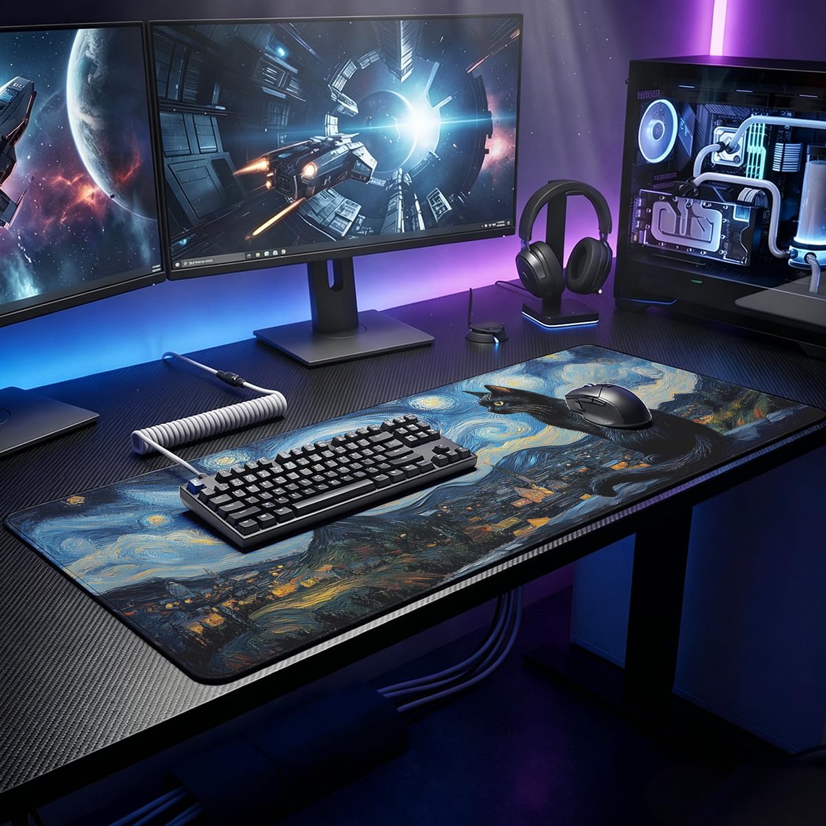Black Cat Large Gaming Mouse Pad Moon Celestial Starry Night Art Desk Mat (Black Cat / 31.5L x 11.5W inches)