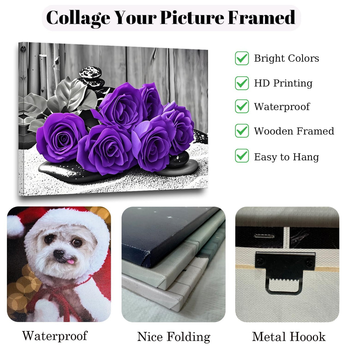 Black and White Purple Roses Canvas Wall Art Framed Modern Zen Artwork For Bedroom Bathroom Office Home Decor (12"L x 8"W / rose-1)