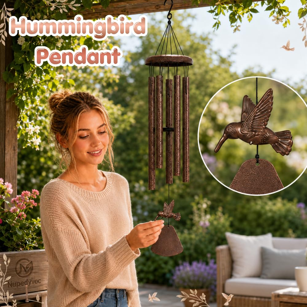 32” Large Matte Antique Bronze Hummingbird Aluminum Wind Chimes with Iron Cap for Outside (Matte Antique Bronze Hummingbird Aluminum Wind Chimes With Iron Cap)