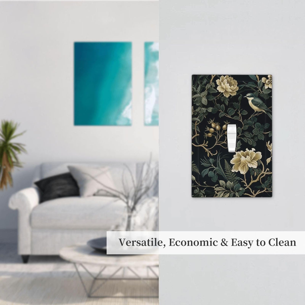Spring Black Green Boho Floral Bird Leaf Decorative 1 Gang Single Toggle Light Switch Wall Plate Cover Lotus Peony Summer Garden Electrical Switchplate Faceplate (Spring Black Boho Floral Leaf / Toggle Mid 1-Gang)