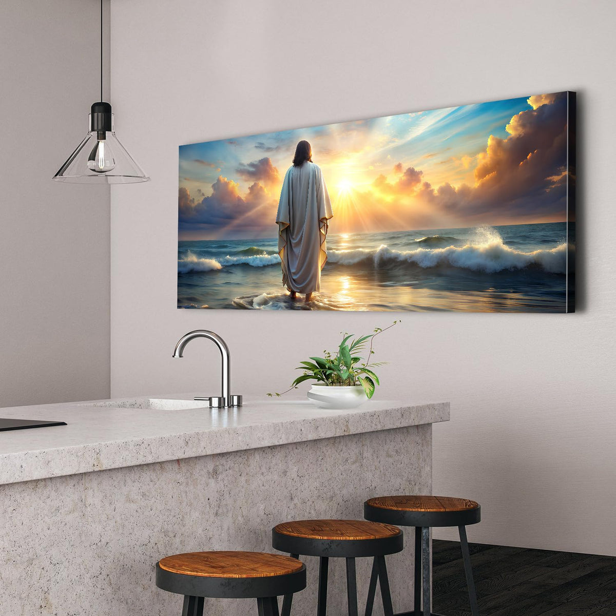 Large Jesus Canvas Wall Art Jesus Walking on Water Wall Decor for Living Room Office Inspirational Christian Picture Prints Sunset Ocean Coastal Painting Religious Poster Artwork Decorations 24x48” (48"L x 24"W / JESUS01)