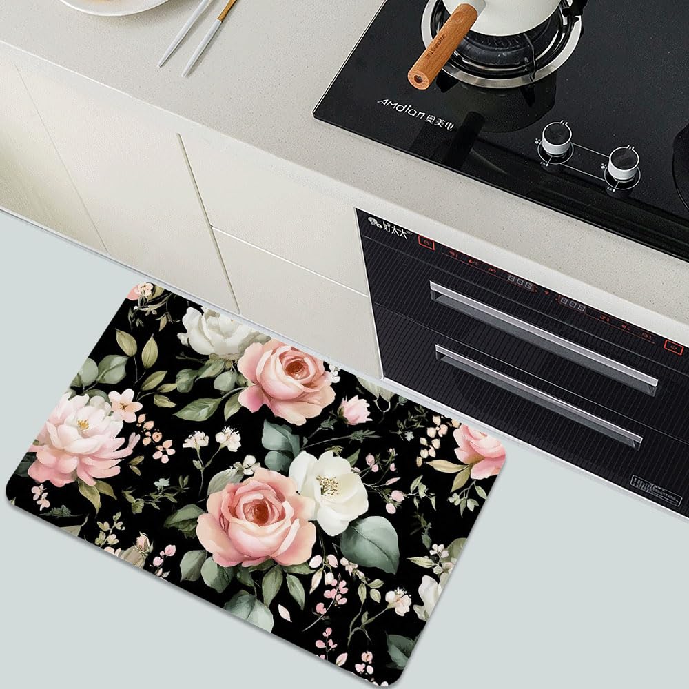 Bath Mat Bathroom Rug (Blush Pink Green Floral- / 1'8" x 2'8" (Rectangular))
