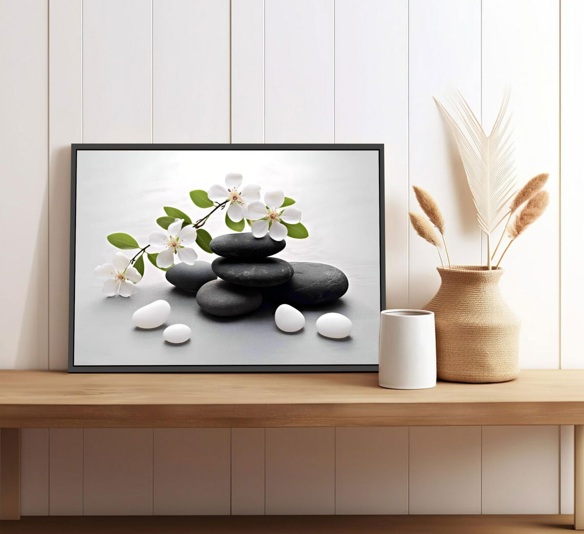 Framed Zen Stone Flower Canvas Wall Art Orchid Flower Black White Zen Stone Picture Wall Decor Still Life Poster Print Artwork for Bathroom Yoga Room Spa Room Meditation Room Office Home Decoration (Framed Stone / 16"L x 12"W)
