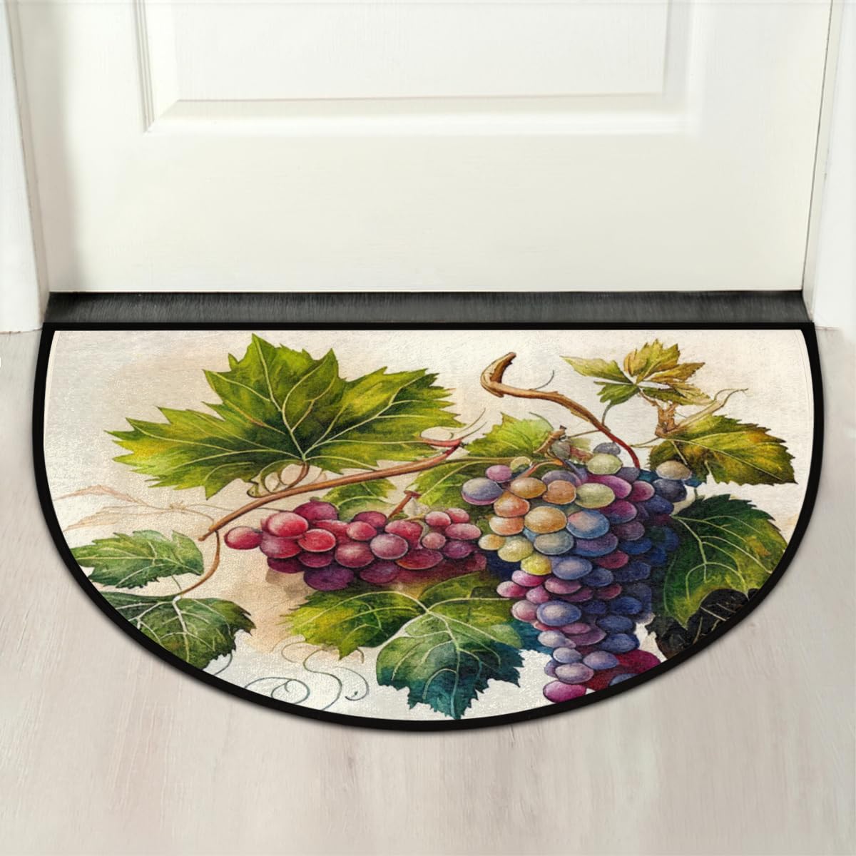 Hand Painting Fruit Grape Half Round Doormat Washable Semi Circle Area Rug Non Slip Absorbent Half Moon Rugs for Indoor Outdoor Kitchen Bathroom Bedroom Living Room Fireplace Floor Carpet Decor (B09:grape)
