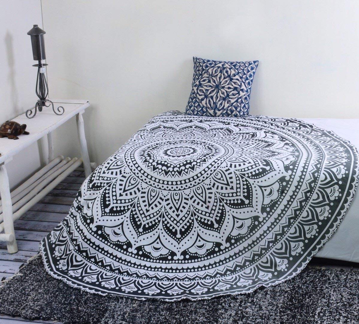 Round Tapestry Wall Hanging Ombre Hippie Mandala Bohemian Hippy Intricate Indian Tapestries Tablecloth 70 Inches (68"L x 68"W / Black Grey)