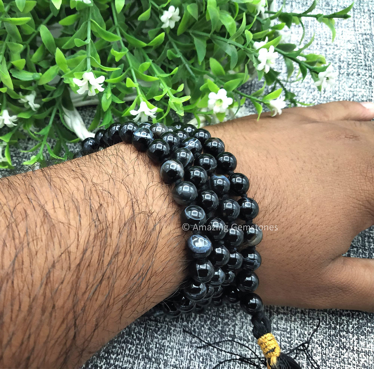 Black Banded Agate Sulemani Hakik Stone Buddhist Prayer Beads Japa Mala with 108 Meditation Beads (Hand Knotted / Black Banded Agate)