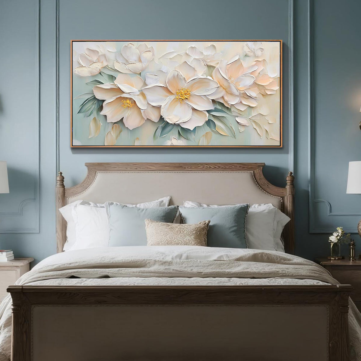 Framed Floral Extra Large Canvas Wall Art for Living Room 58"x29" (Light Pink Florals / Wood Framed / 58.1"L x 29.1"W)