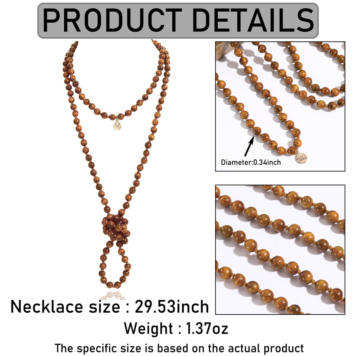 Fashion Natural Round Wood Beads 60'' Long Strand Art Deco Necklace for Women (Gold HJT)