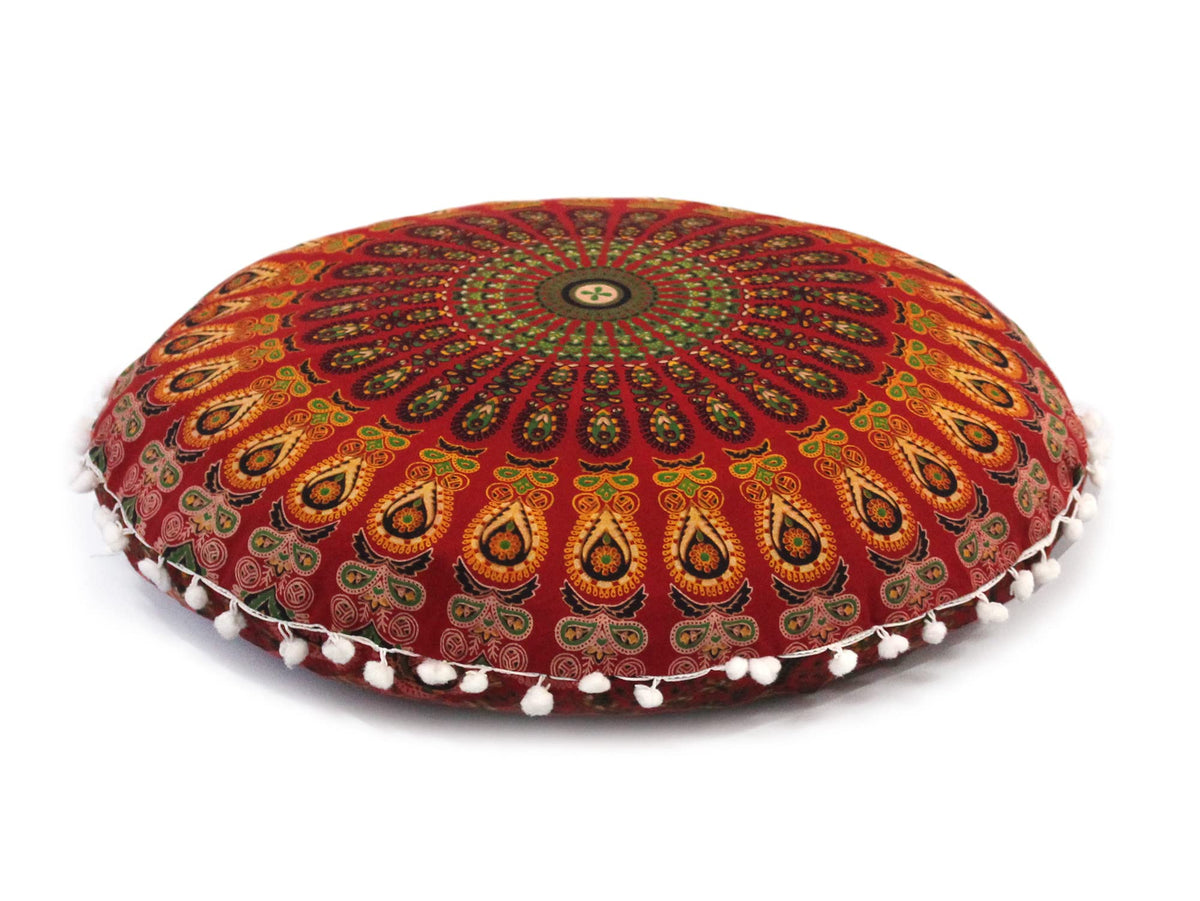 32" Large Round Bohemian Floor Pillow Cover Boho Pouf Cover Mandala Meditation Room Pillows Cover Adults Seating Poufs Cushion Cover for Kids Reading Playroom Red Mirchi (Red Mirchi)