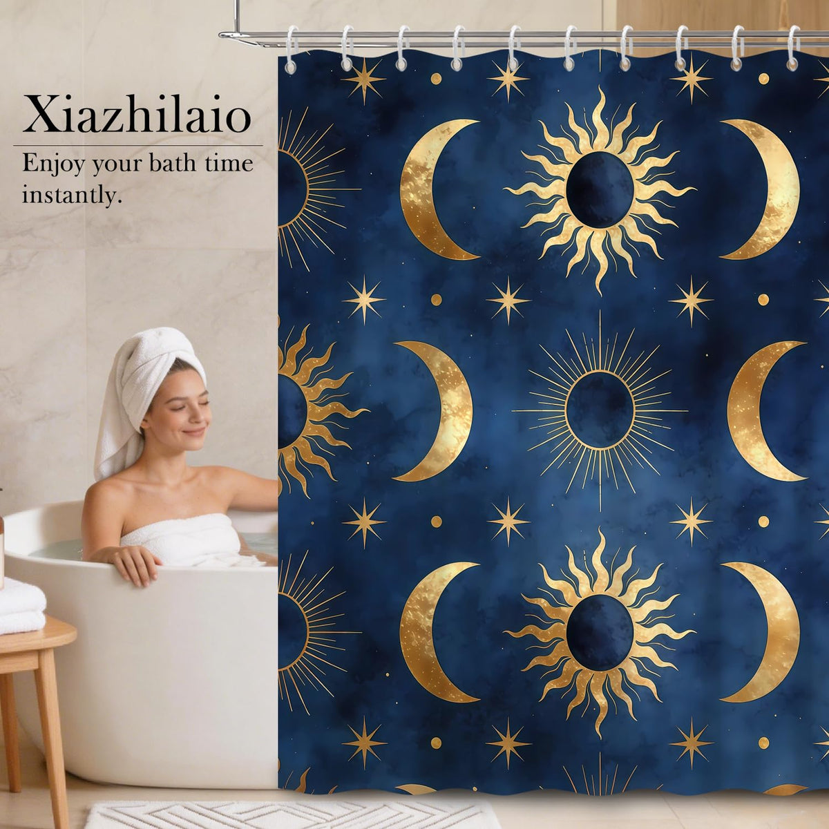 Celestial Shower Curtain with Hooks (Sun and Moon / 72"W x 78"L (Pack of 1))