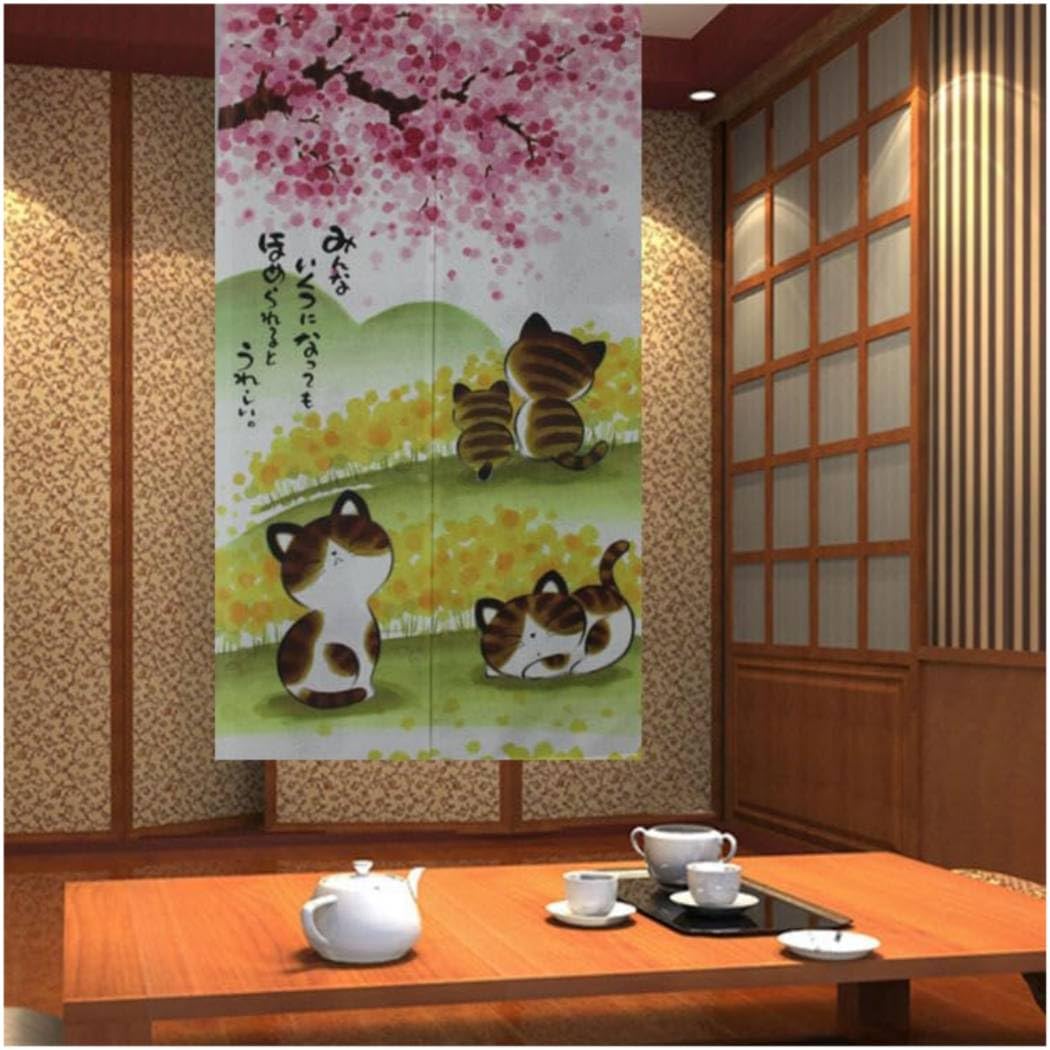 Noren Japanese Doorway Curtains Tapestry Decorations Room Divider Curtain Privacy Sushi bar Anime Curtain Restaurant (Sakura and Cat / 33.5"W x 59"L (Pack of 1))
