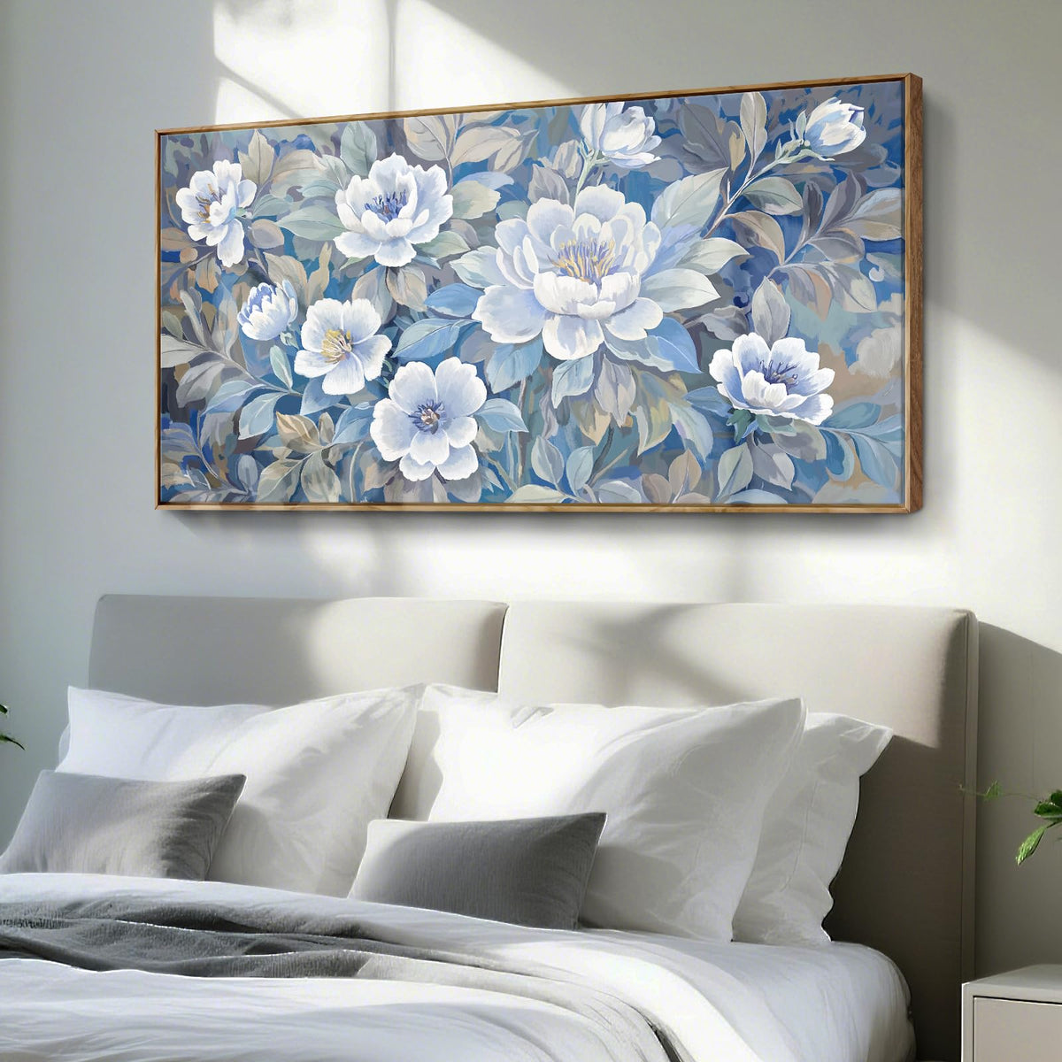 Large Framed Modern Blue Gray And White Wall Art For Living Room (Grey Flowered Wall Art / 48"L x 24"W)