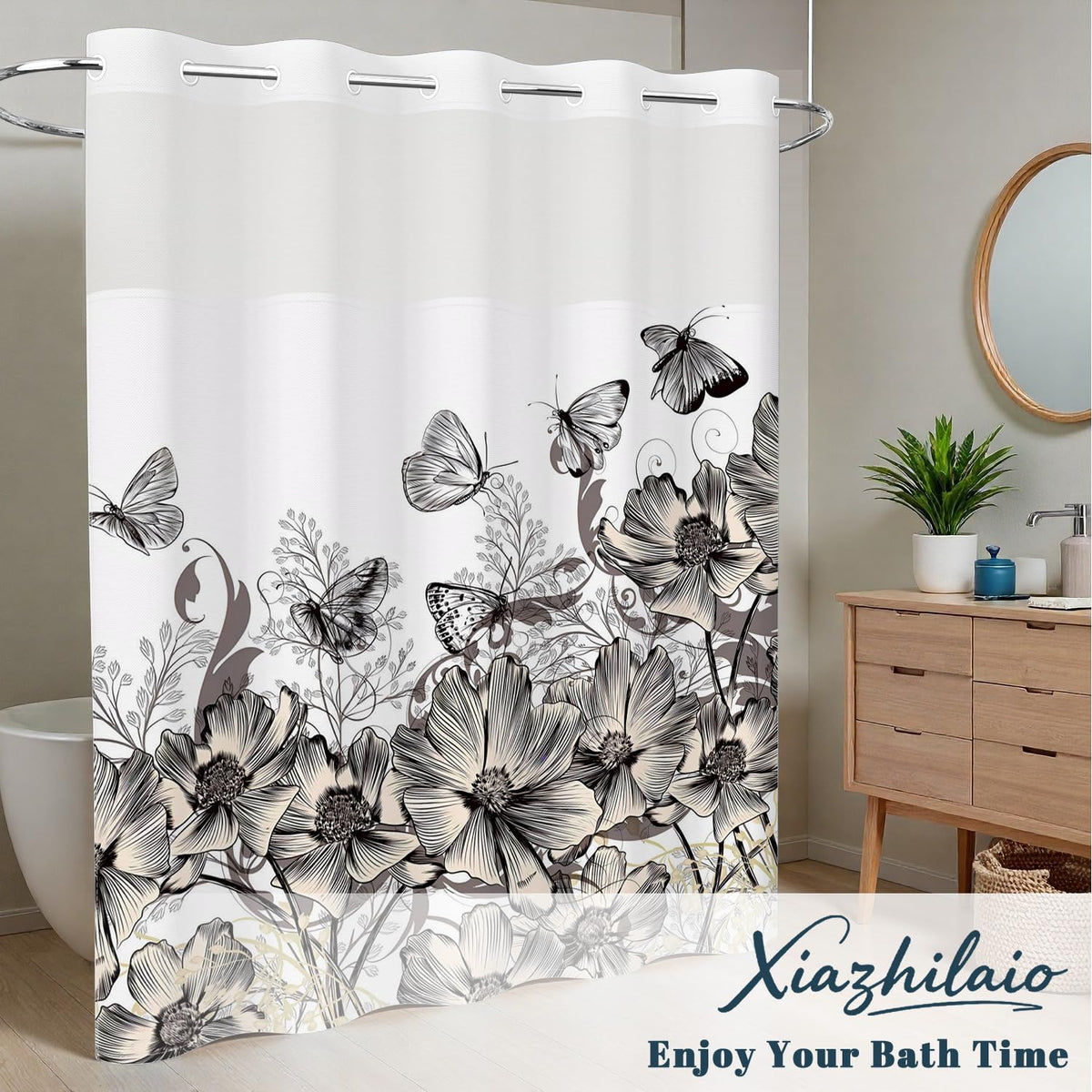 Butterfly Floral Shower Curtain with Snap in Liner (Floral-8)
