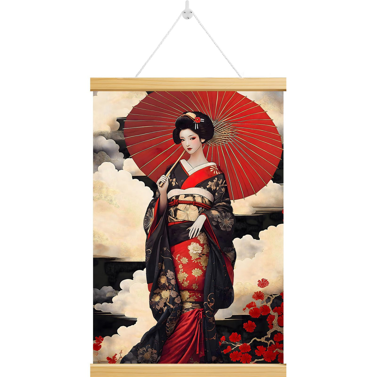 Japanese Geisha Canvas Wall Scroll (Red)