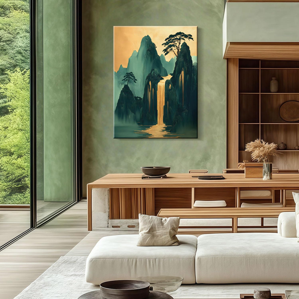 Green Gold Japanese Mountains Waterfall Wall Art 12x16 Inch (Green Gold Mountains / 24"L x 16"W)