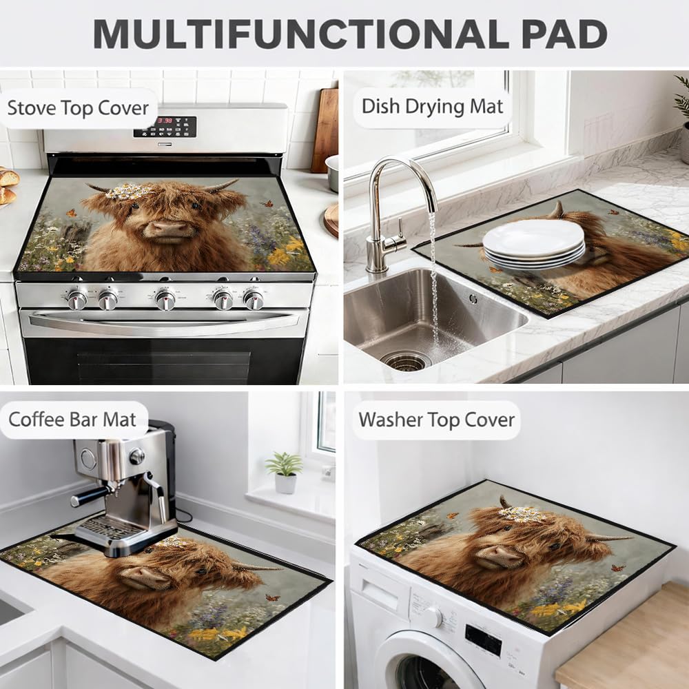 Highland Cow Glass Stove Top Cover 28x20 Inch Decorative Stove Cover (Colorful2093)