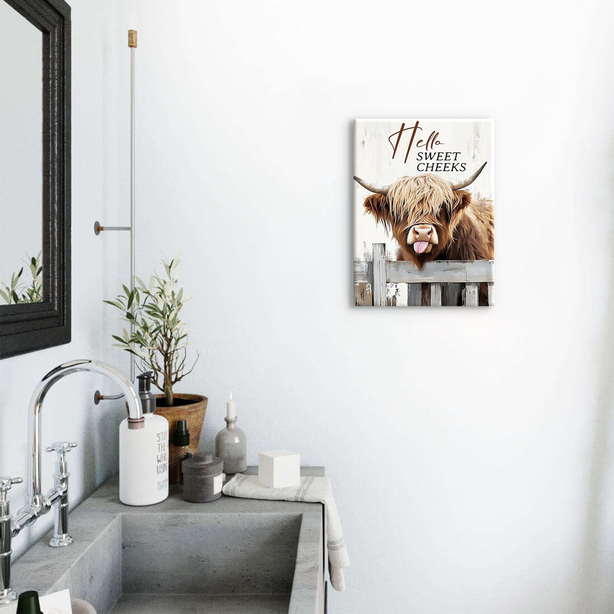 Funny Highland Cow Bathroom Decor Farmhouse Cute Cow Painting Picture Wall Decor Hello Sweet Cheeks Highland Cattle Animals Canvas Poster Print Artwork for Bathroom Bedroom Home Decoration 12x16 (16"L x 12"W / Funny Cow02)