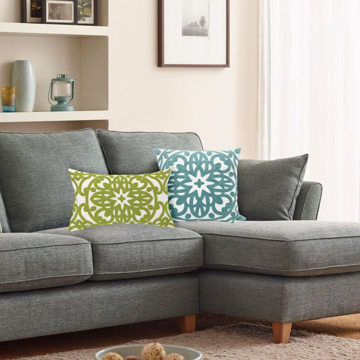 Boho Embroidered Lumbar Throw Pillow Cover 12"x 20" (Chartreuse Green / 20" x 12" (Pack of 1))