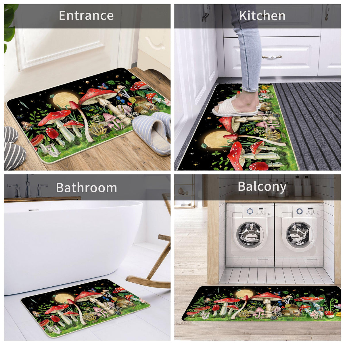 Mushroom Kitchen Rug Set of 2 Cute Kitchen Mats 17"x 29"+17"x47" (Mushroom / 17" x 29" + 17" x 47" (Rectangular))
