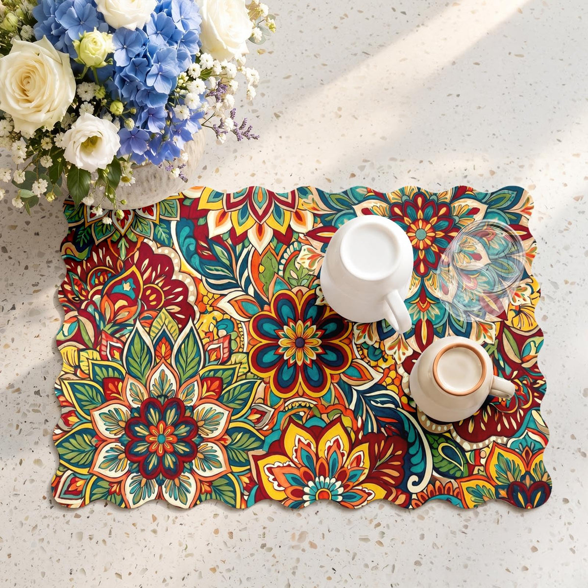 Scalloped Dish Drying Mat 2 (Boho Mandala / 12x19 inch)