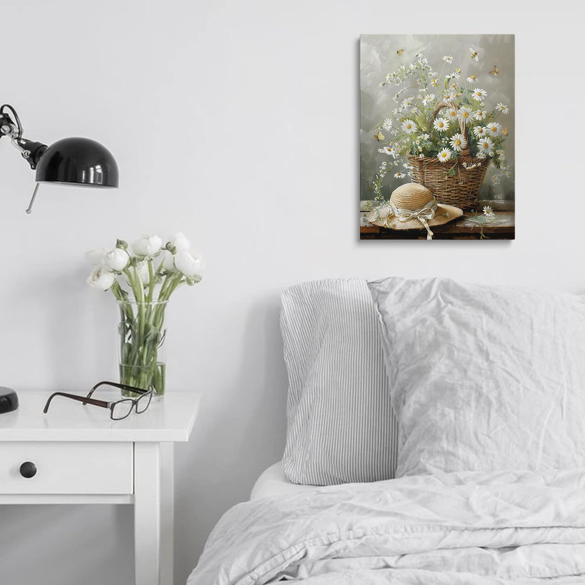Framed Farmhouse Vintage Daisy Floral Canvas Wall Art (Flower01 / 24"L x 16"W)