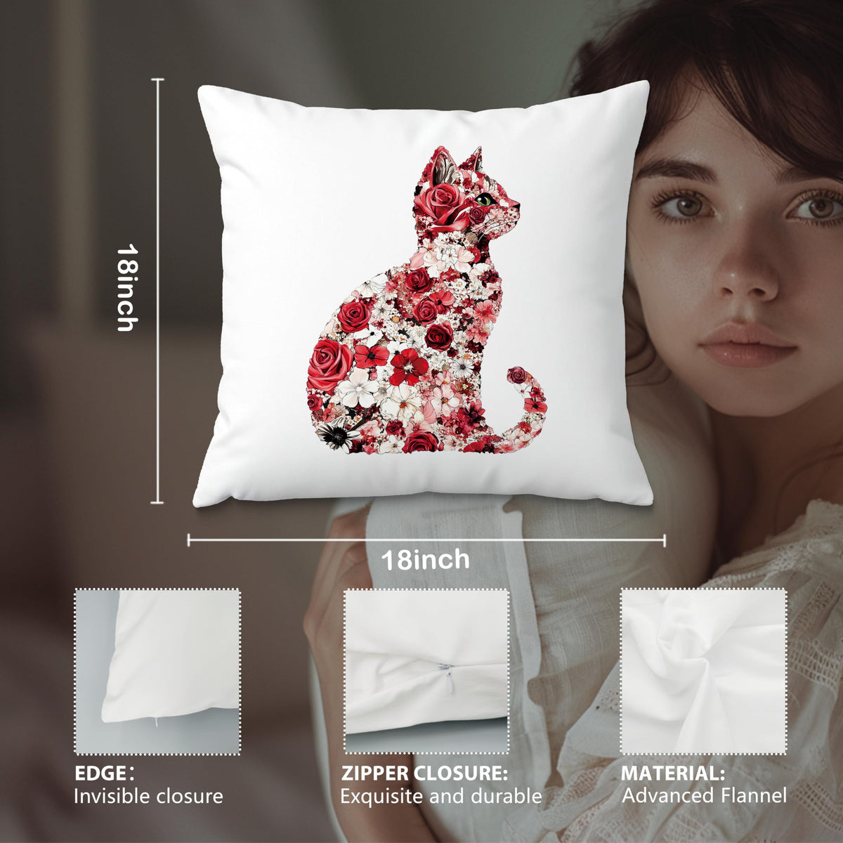 Red and White Floral Cat Pillow Covers 18x18 (Style19)