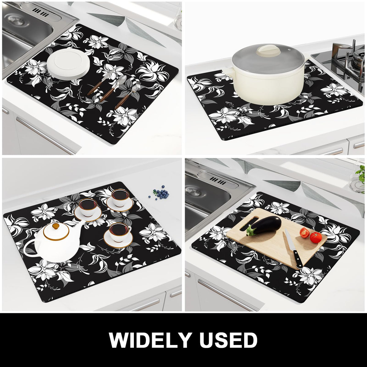 Dish Drying Mat for Kitchen Counter (Black White Flowers / 16" x 18")