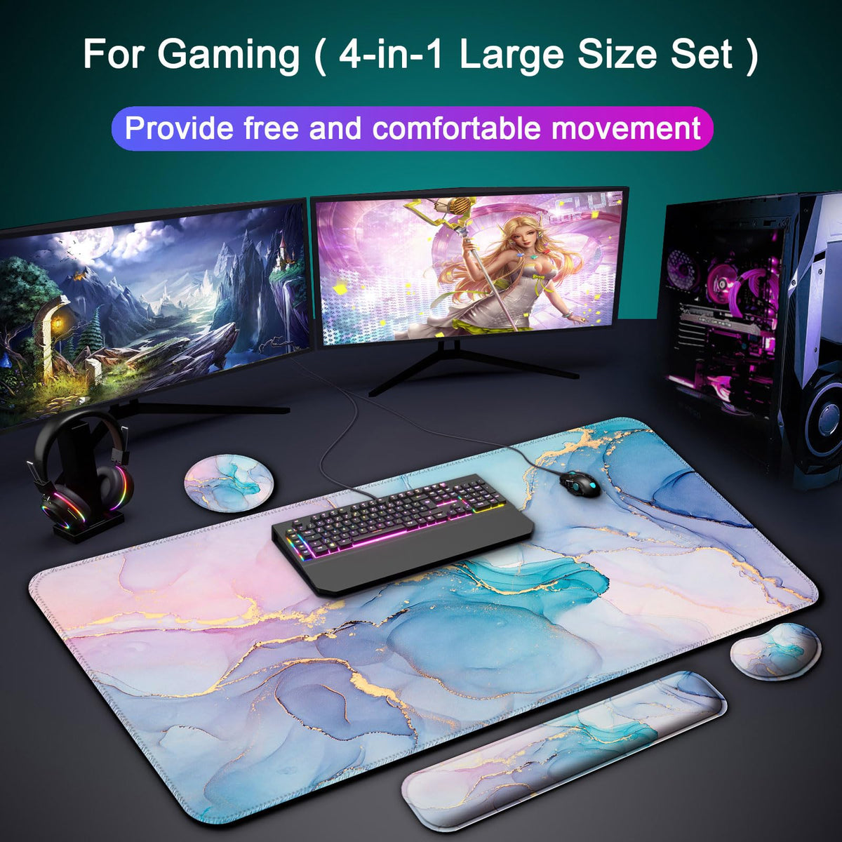 4 in 1 Mouse Pad and Keyboard Wrist Rest (D5-gold Blue Marble5)