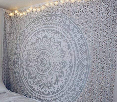 Tapestry Wall Hanging Hippie Ombre Mandala Bohemian Hippy Metallic Shine Intricate Indian Tapestries Bedspread 84 x 90 Inches (90"L x 84"W / Silver and Gold)