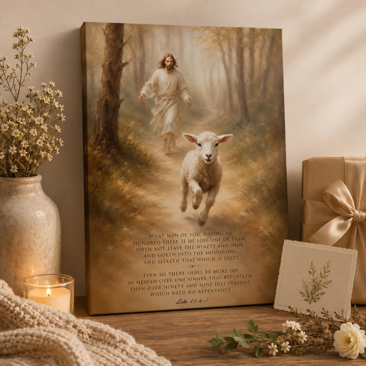 Jesus Lost Sheep Framed Canvas Wall Art Christian Faith Decor 12x16 Inches (Good Shepherd / 16"L x 12"W)