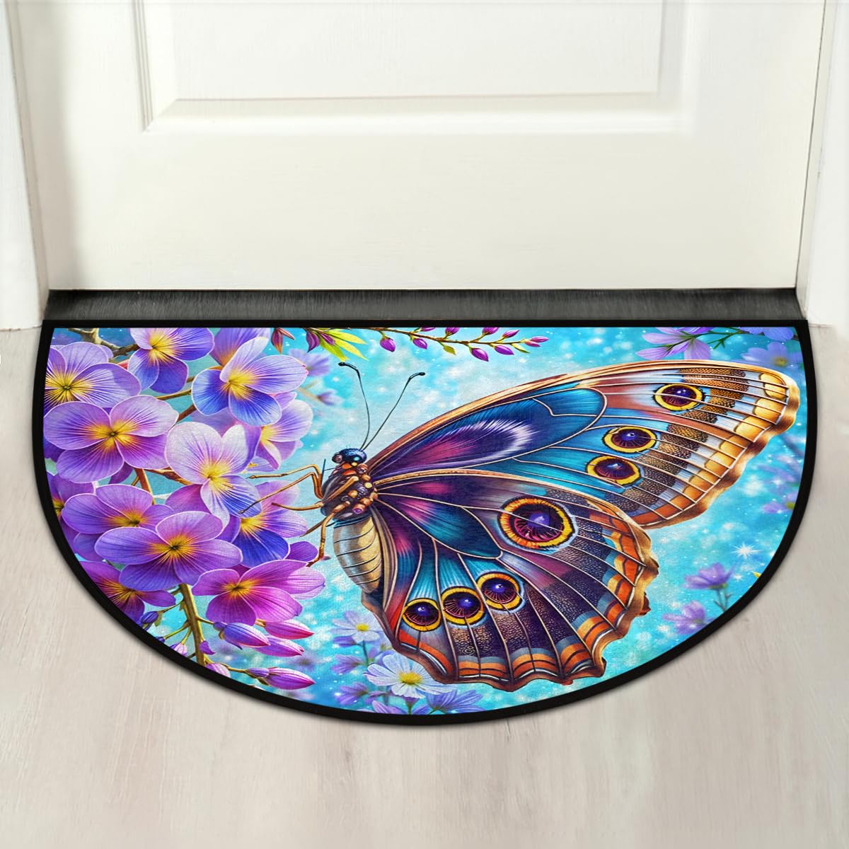 Colorful Butterfly Purple Flower Half Round Mat Half Moon Door Rug Washable Durable Semi Circle Carpet Floor mats for Indoor Outdoor Bathroom Kitchen Patio Hearth Rug Laundry Room Home Decoration (D 030)