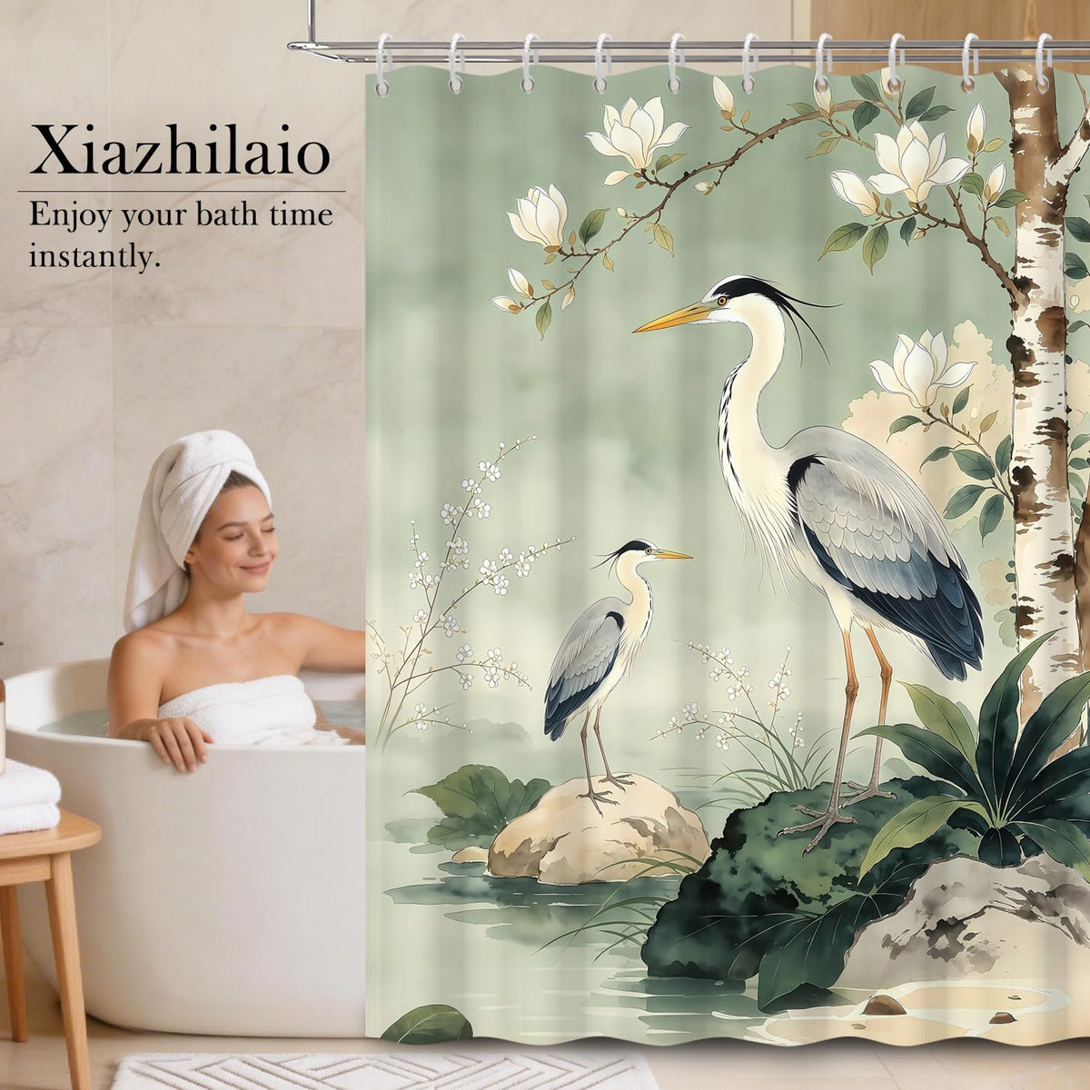 Heron & Magnolia Floral Shower Curtain 71x74 Inch (Cranes)