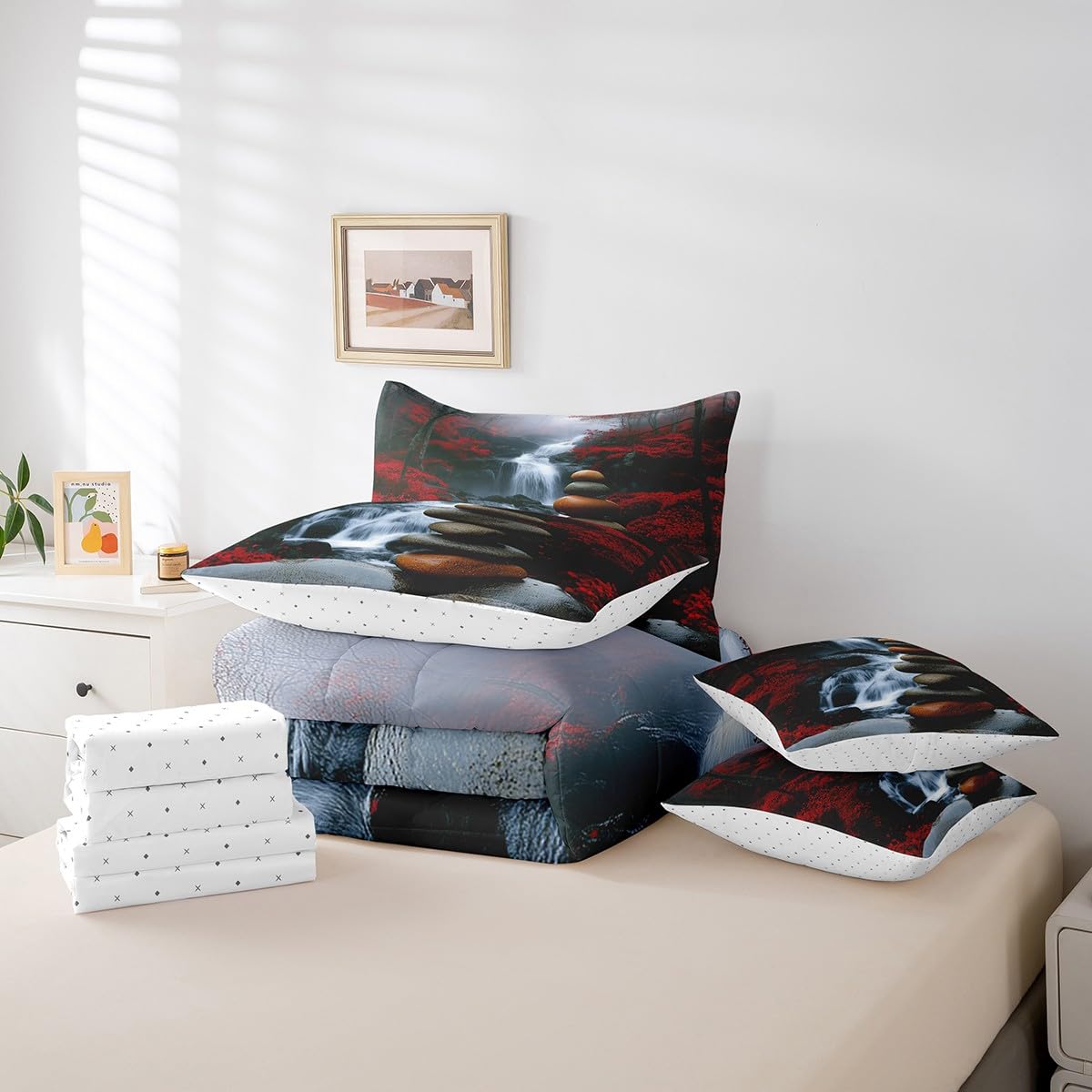 Zen Comforter Set with Sheets Queen Size Kids Chinese Style Waterfall 7 Piece Bedding Set All Season Teens Nature Scenery Bed in A Bag Breathable Soft Lightweight Black Red Room Decor (Red Carbon Black / Queen)