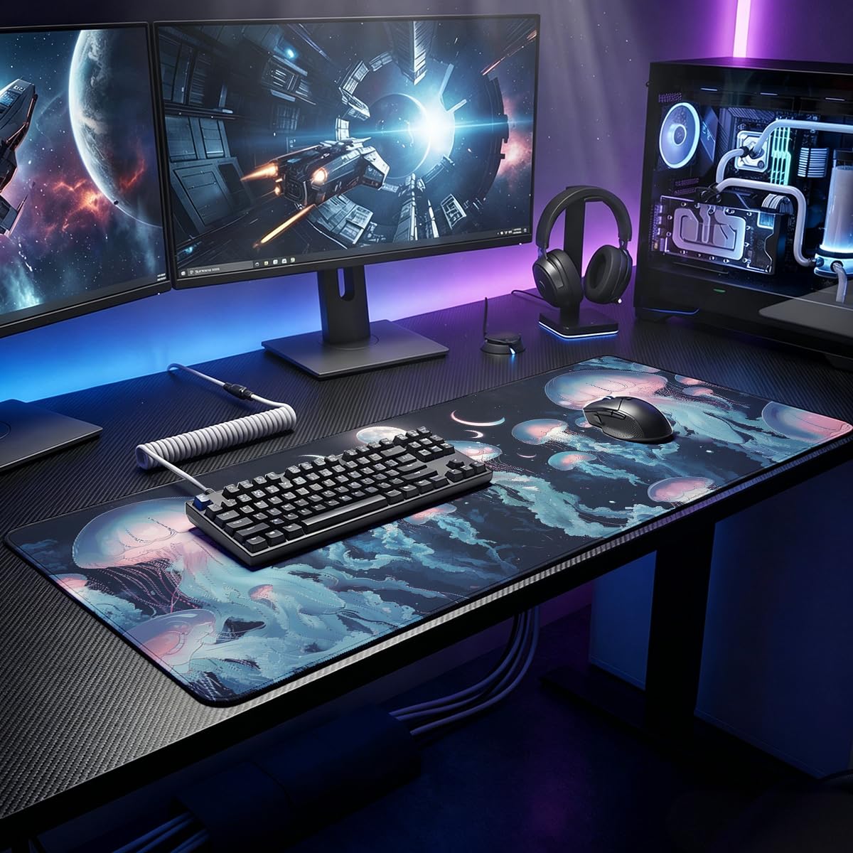 Jellyfish Art Large Gaming Mouse Pad Dream Moonlit Fantasy Ocean Desk Mat (Jellyfish Art / 31.5" x 11.5")