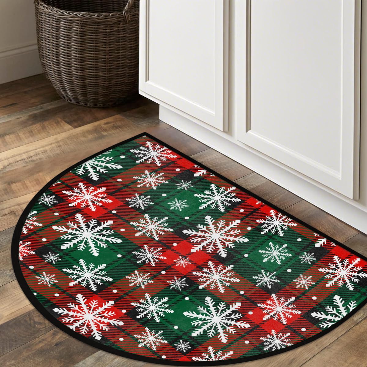 Half Round Doormat Christmas Snowflake Red Green Semi Circle Rug Non Slip Indoor Outdoor Entrance Half Moon Rug Washable Front Floor Mat for Kitchen Bathroom Patio Fireplace Holiday Decor (B02:christmas 4)