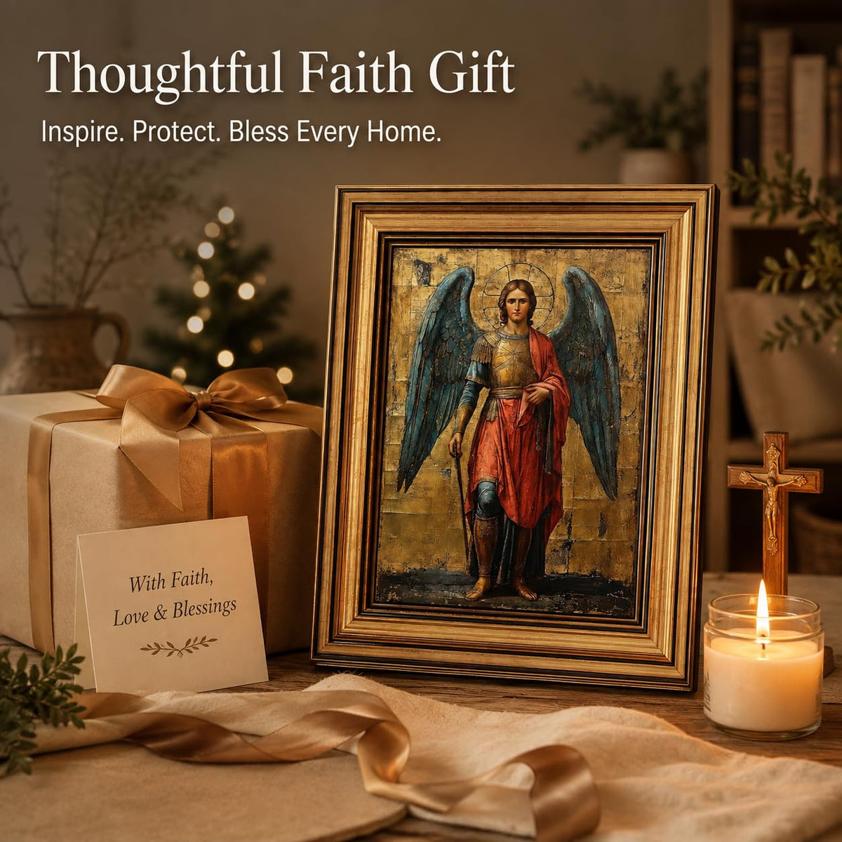 Gold Framed Archangel Michael Canvas Wall Art 16inx24in (Archangel A / 24"L x 16"W)