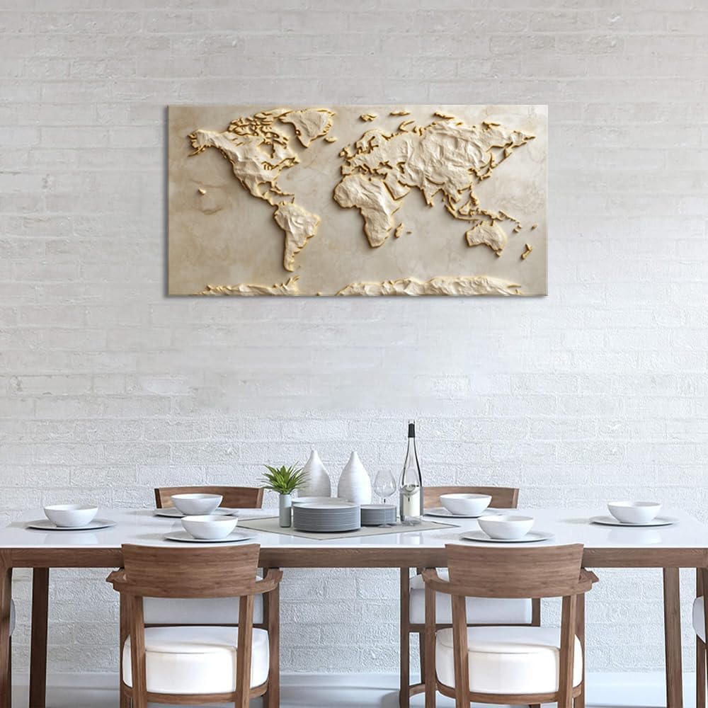 Light Gold World Map Wall Art for Living Room Office Relief (Contemporary / Light Gold World Map Wall Art / 58"L x 28"W)