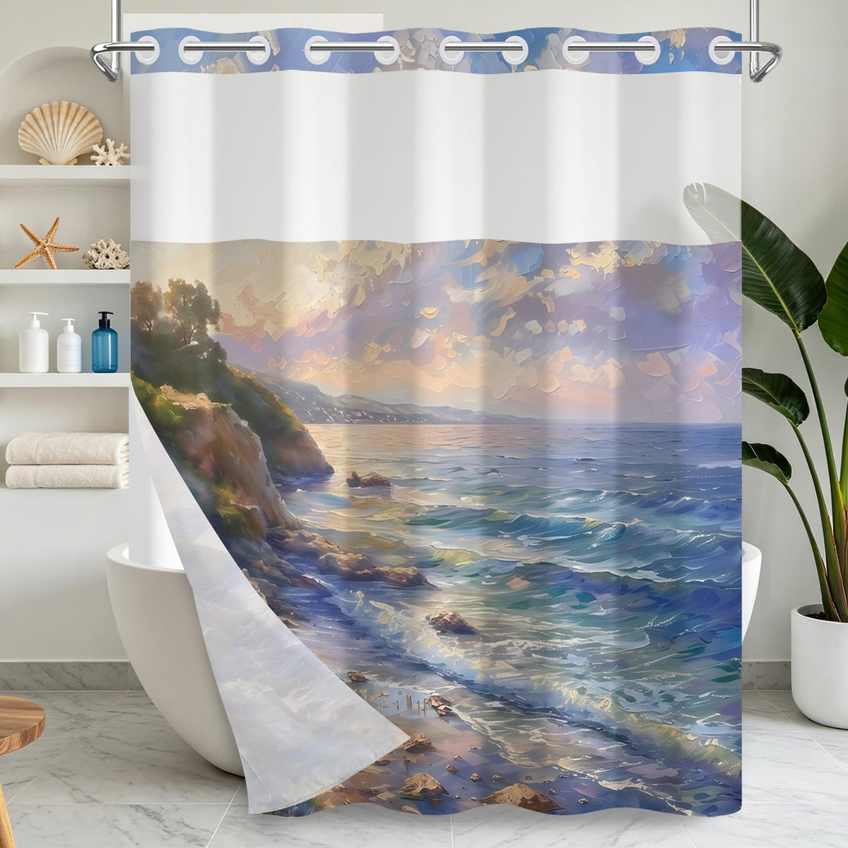 Coastal Ocean Shower Curtain No Hooks with Liner (Seascape)