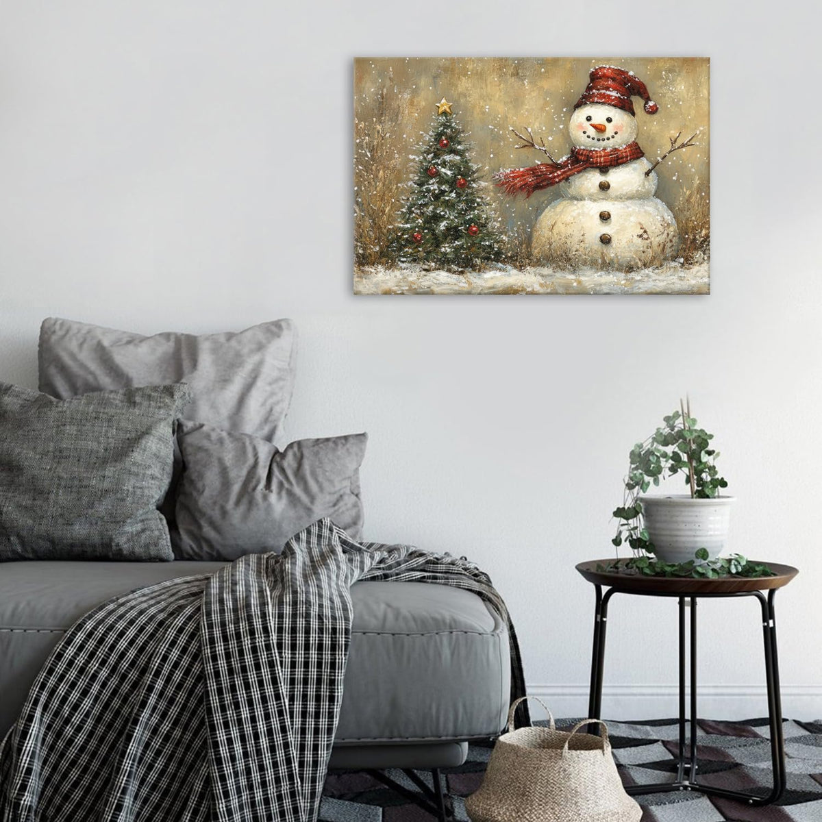 Christmas Snowman Wall Art Farmhouse Winter Snow Scene Holiday Prints Artwork for Bedroom Living Room Vintage Christmas Decor Green Pine Tree Picture Bathroom Fireplace Xmas Home Decoration 16x24" (24"L x 16"W / Snowman Tree)
