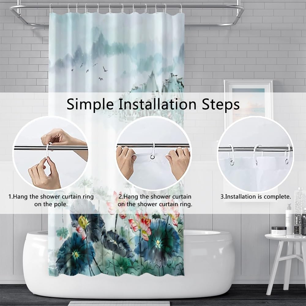 Watercolor Lotus Shower Curtain Chinese Pastoral Landscape Ink Painting Lotus Bathroom Curtains Flower Plant Mountain River Wild Goose Green Fabric Shower Curtain Set with Hooks 72x84 Inch (72"W x 84"L (Pack of 1) / Green-14)