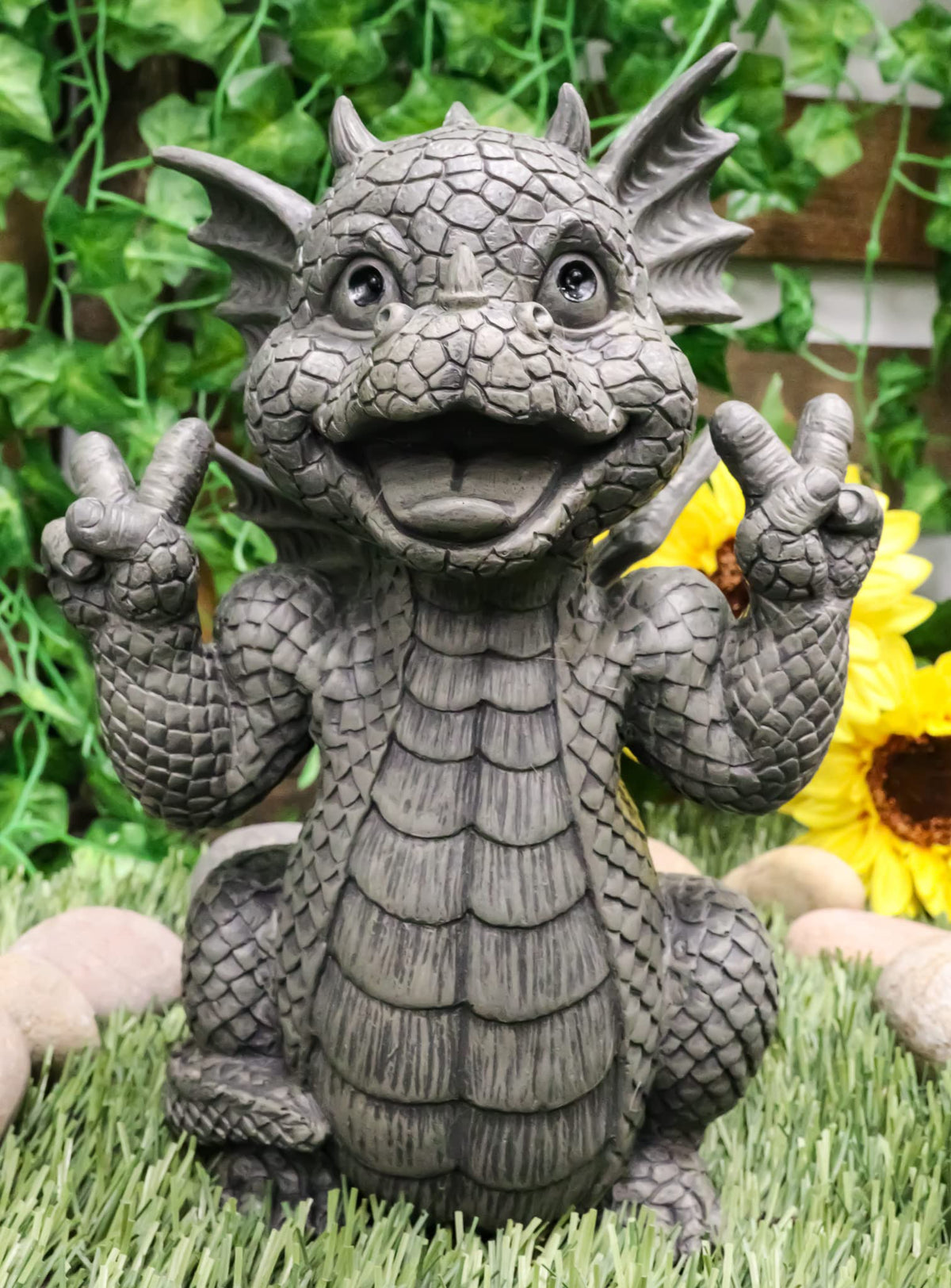 Ebros Whimsical Garden Dragon with Hippie Peace Sign Gesture Statue 10.5" Tall Cute Baby Dragonling Smiling Wide Faux Stone Resin Finish Figurine Home Decor Sculpture (Hippie Peace Sign)