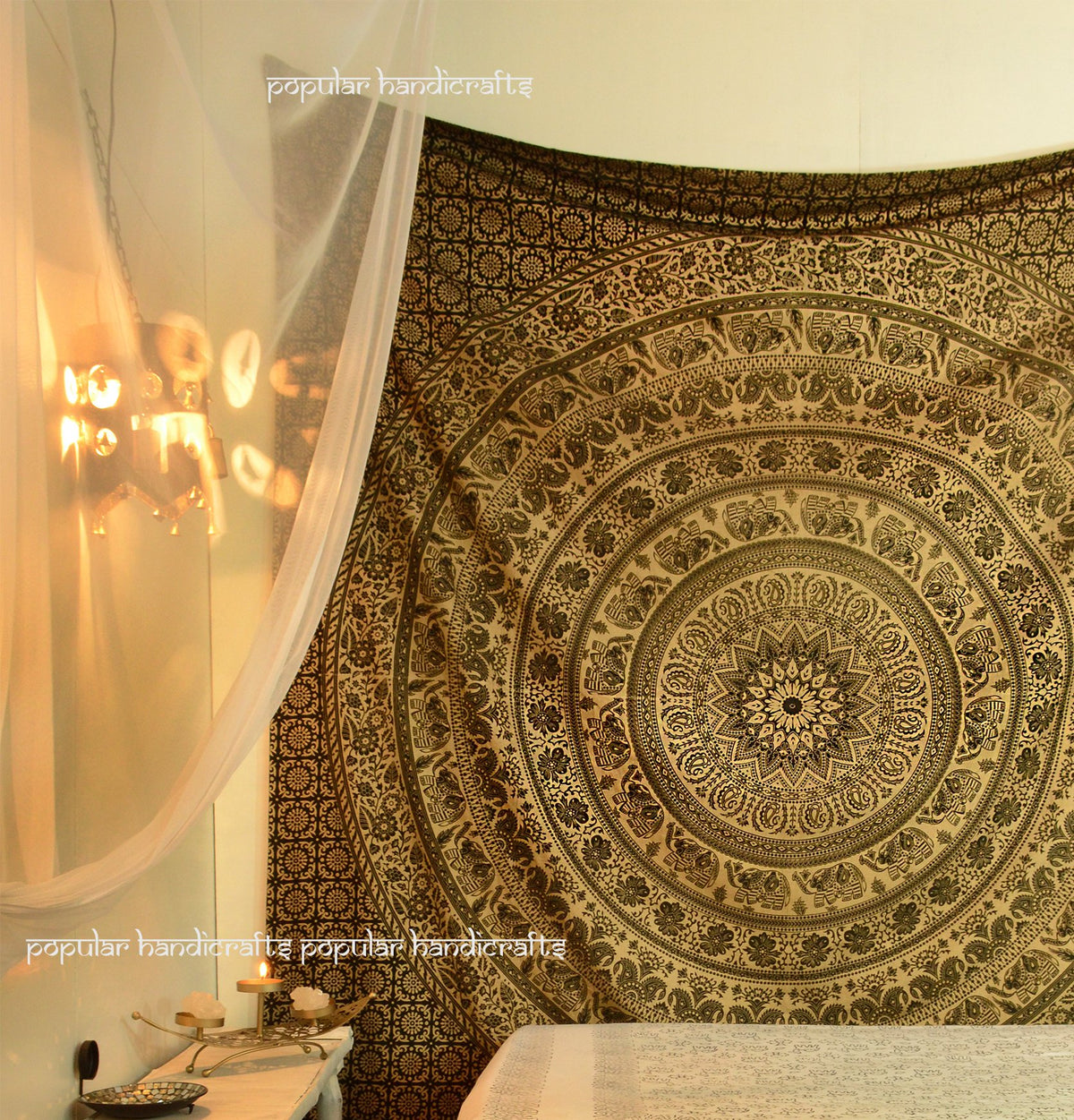 Wall Hanging for Bedroom Hippie Mandala Bohemian Floral Design Indian Magical Thinking Tapestries Dorm Decor (90.6"L x 84.7"W / Gold on Black dye)