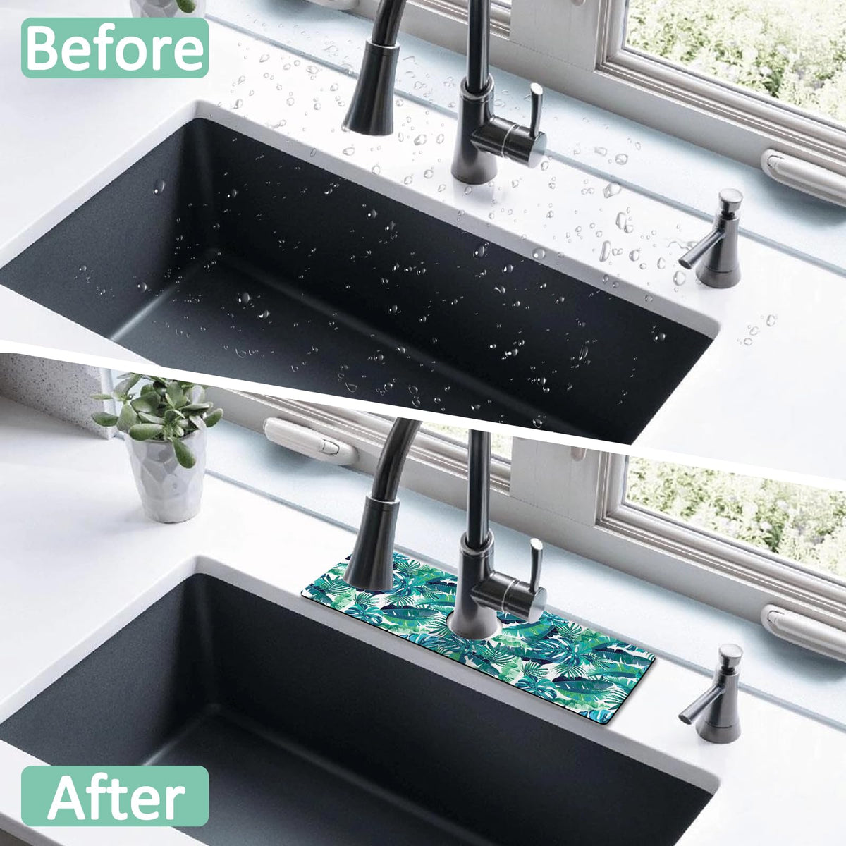 Kitchen Sink Splash Guard Faucet Mat 24" X 5.5" Tropical Leavesl Absorbent Fast Drying Mat Faucet Draining Mat Sink Splash Guard Behind Faucet Drip Catcher for Kitchen Bathroom (24*5.5in / Leaf)