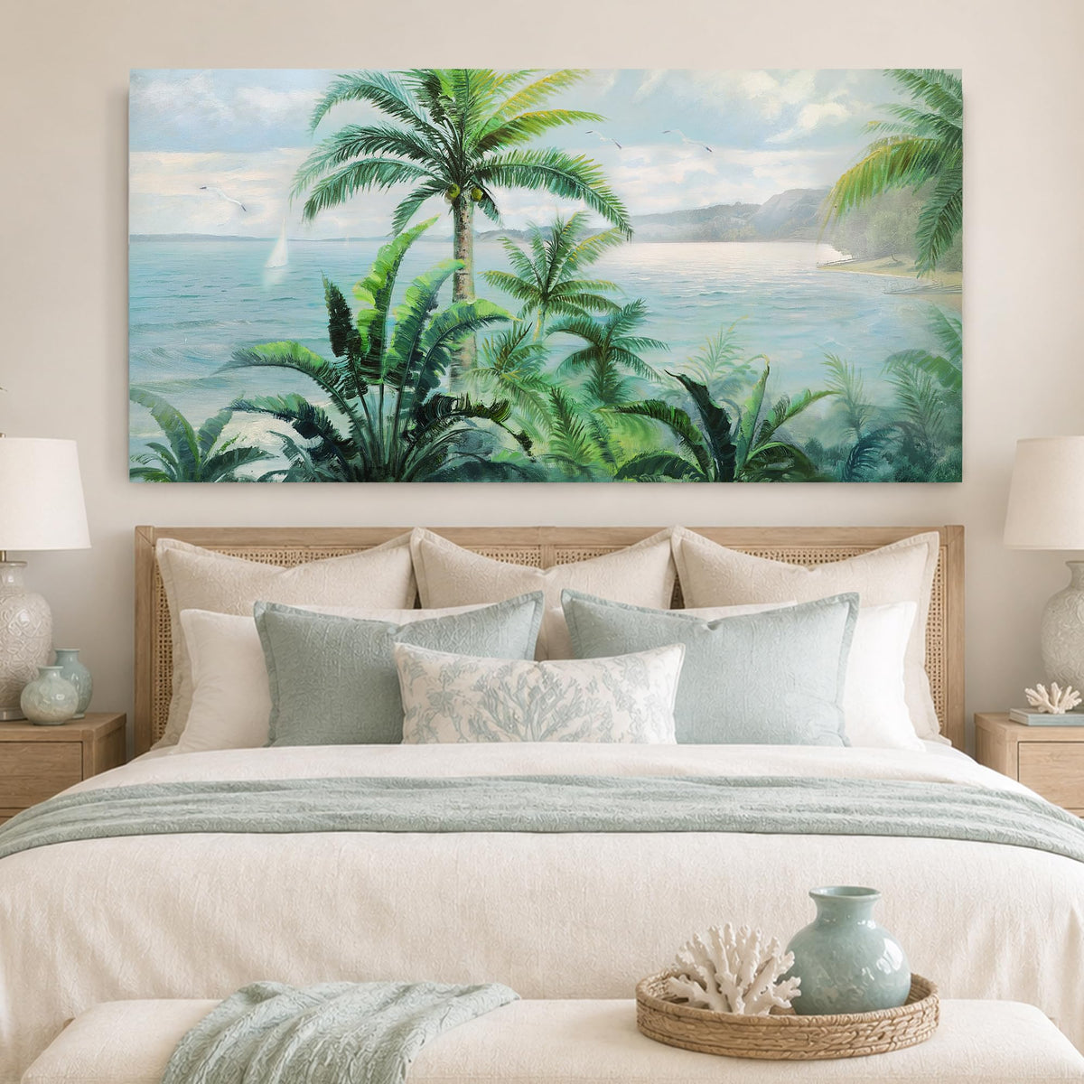 Palm Tree Green Tropical Canvas Wall Art for Living Room 58"x29" (green palm tree / 58"L x 29"W)