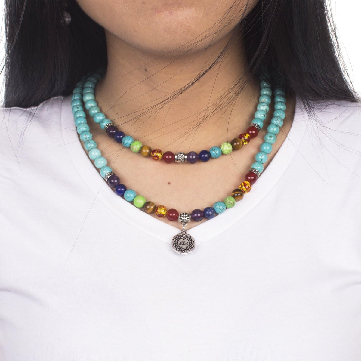 108 Mala Beads Necklace 7 Chakra Tree of Life Pendant Bracelets (Turquoise-OM-Buddha-8MM)