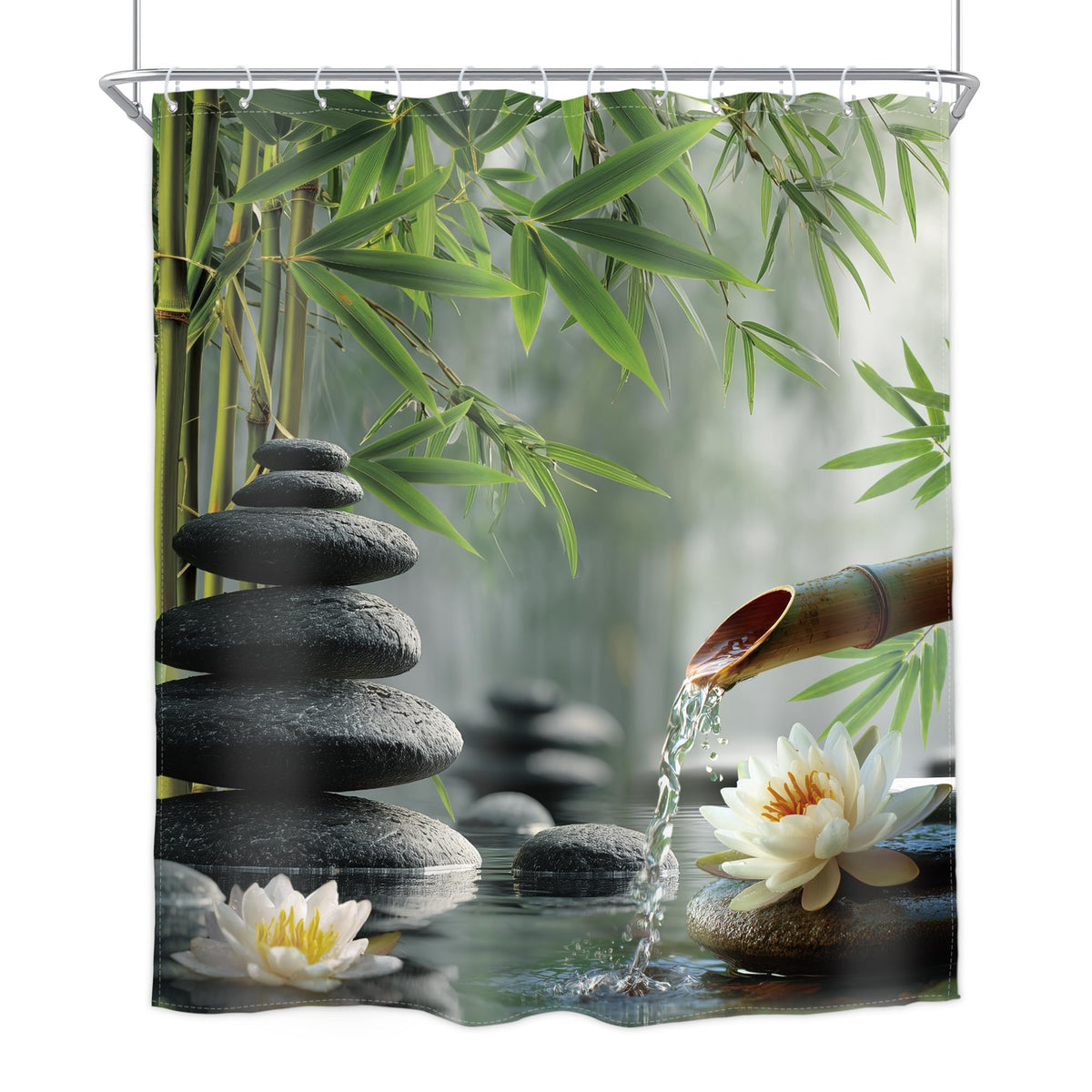 Zen Stone Meditation Shower Curtain Green Bamboo 60Wx72H Inch Decor (Zen02 / 60"W x 72"L (Pack of 1))