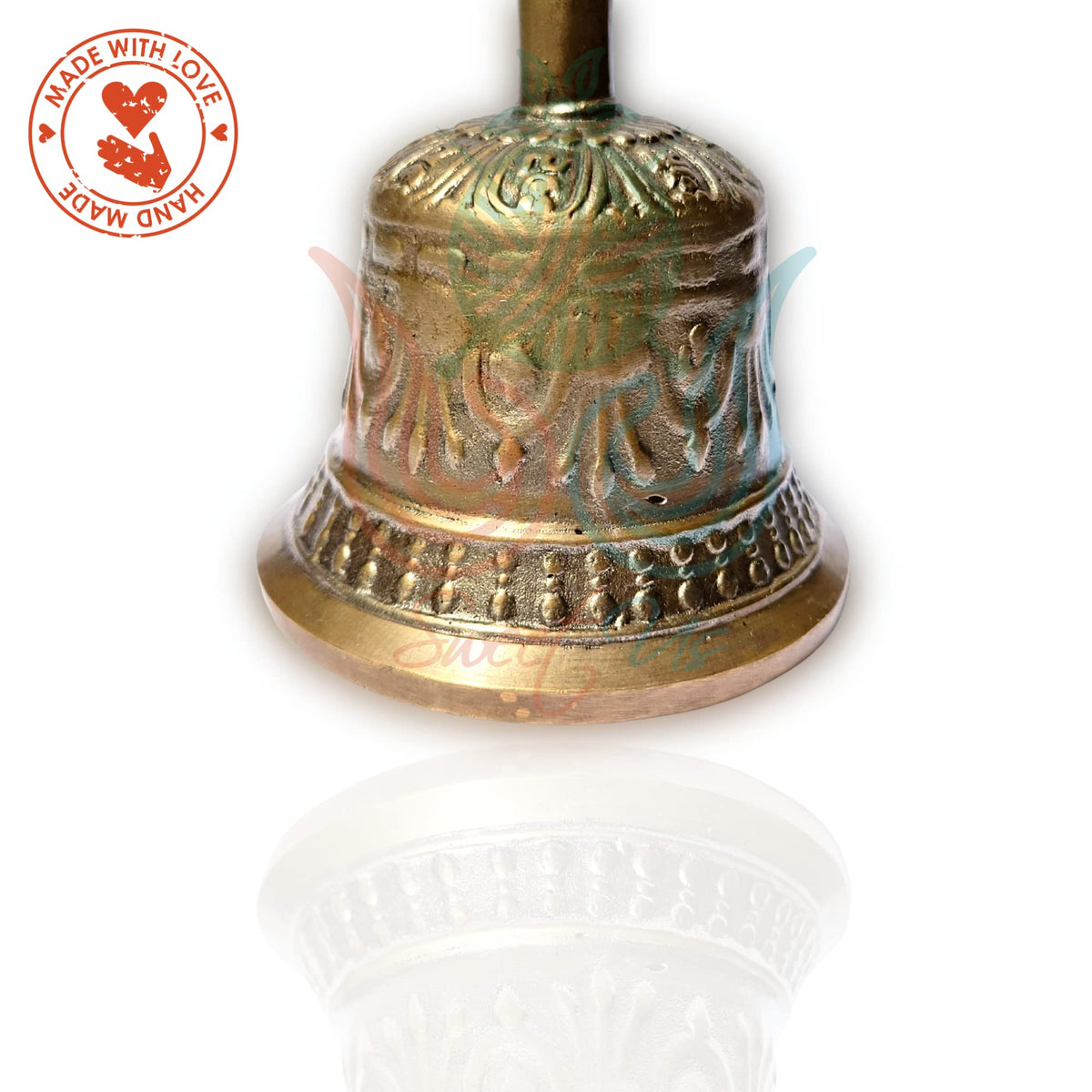 Solid Sturdy Antique Brass Hand Bell and Pouch Bundle (5-in High / Antique Brass, Engraved)